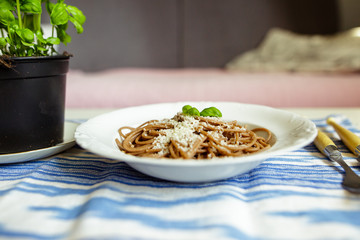 Plate with wholemeal spaghetti