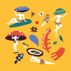 vector set of fashion girl and abstract natural objects