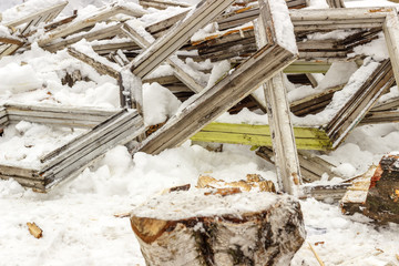 CBroken old wooden window frames. Firewood for heating.