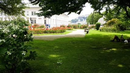 A peaceful garden with a person relaxing