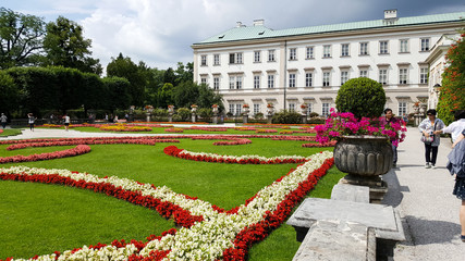 Mirabellgarten gardens in Mozartplatz in Salzburg, Austria with people