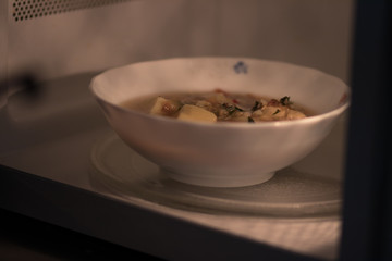 A bowl of soup is going to be heated in a microwave oven