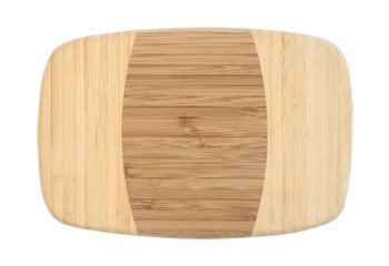 Top view of a wood bamboo cutting board isolated on a white background.