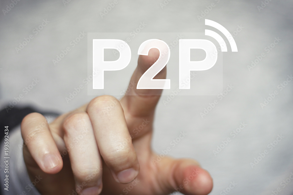 Poster businessman pressing button p2p peer-to-peer on virtual digital electronic user interface