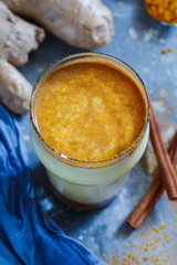 Organic turmeric milk. The concept of healthy eating, diet and detox. View from above.