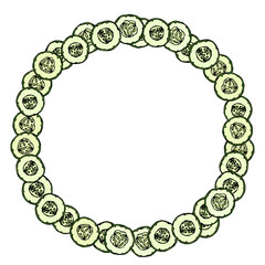 Wreath or Round Frame with Green Cucumbers or Gherkin Slices with Seeds. Fresh Ripe Vegetable Salad. Healthy Vegetarian Menu. Hand Drawn Vector Illustration. Savoyar Doodle Style.
