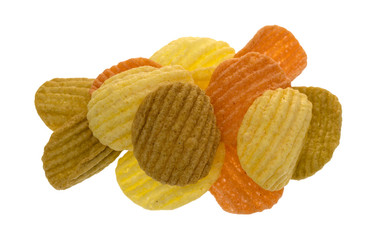 A serving of colorful vegetable chips isolated on a white background.