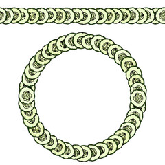 Green Cucumbers or Gherkin Slices with Seeds Arranged Like Domino. Endless Pattern Brush, Round Garland. Wreath or Frame. Fresh Vegetable Salad. Hand Drawn Vector Illustration. Savoyar Doodle Style.