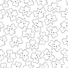 Clover, emoticons, emoji. Characters St. Patricks day. Seamless pattern for coloring book. Black and white illustration.