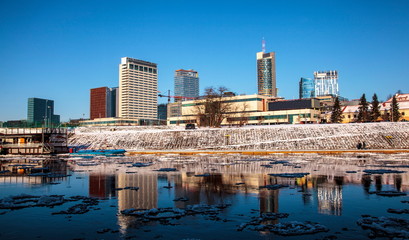 Fototapeta premium Buildings on the Right Bank of the Neris River in Vilnius