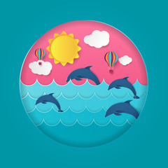 Illustration concept of summer holiday by origami paper art and craft style