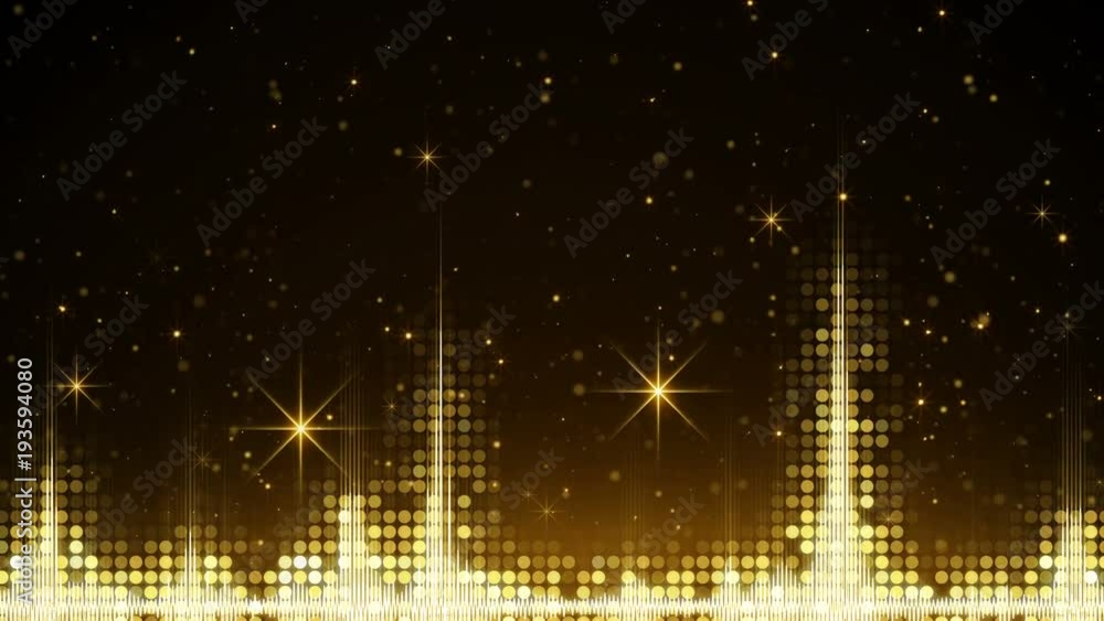 Poster audio waveform and glowing gold sparkles. computer generated seamless loop holiday animation 4k (409