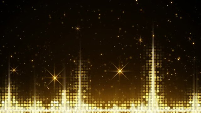 Audio waveform and glowing gold sparkles. Computer generated seamless loop holiday animation 4k (4096x2304)
