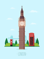 Welcome to London. British Famous Landmark Big Ben with Park in the Background. Flat Design Style. 