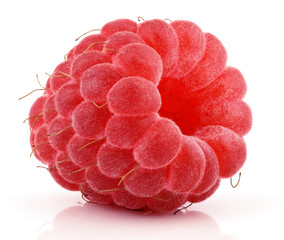 Single red raspberry berry fruit lies isolated on white background