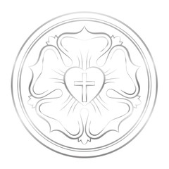 Luther symbol. Symbol of Lutheranism and protestants, consisting of a cross, a heart, a single rose and a ring - isolated silver vector illustration on white background.