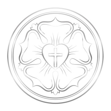 Luther symbol. Symbol of Lutheranism and protestants, consisting of a cross, a heart, a single rose and a ring - isolated silver vector illustration on white background.