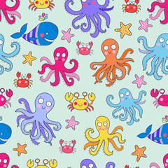 Naklejka premium Seamless vector pattern with underwater creatures like octopus, crab, whale, starfish. Lovely vector illustration.