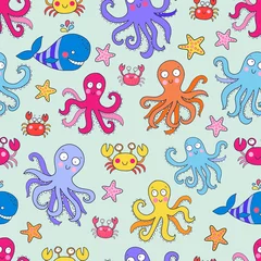 Raamstickers Onder de zee Naadloos vectorpatroon met onderwaterwezens zoals octopus, krab, walvis, zeester. Mooie vectorillustratie.