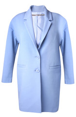 Blue oversize women's coat isolated on white.