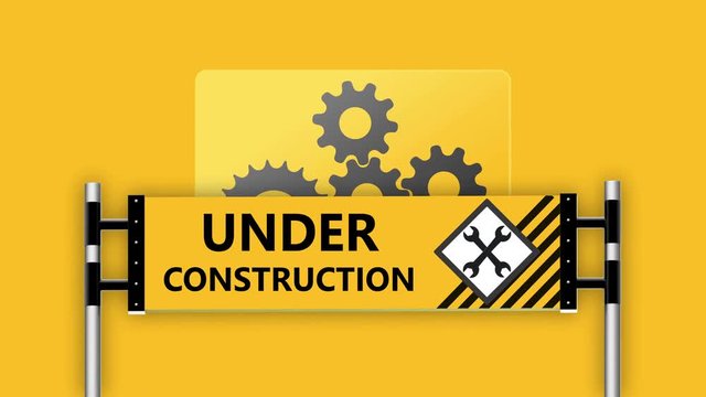 Under construction sign on yellow background. Is being repaired. 4K UHD animated video.