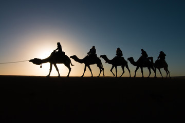 People on camels silhouettes in the sahara in Morocco