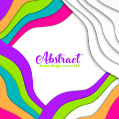 Bright colorful asymmetric 3D abstract background with paper cut shapes. Trendy colors, wave, rainbow, frame, square, window. Vector eps 10 illustration