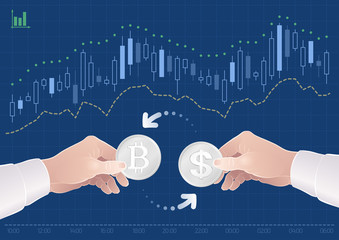 Trading Of Currency Pair Between The Bitcoin And The Dollar On The Stock Exchange. Graphic illustration on the theme of 'Currencies / Foreign Exchange'.
