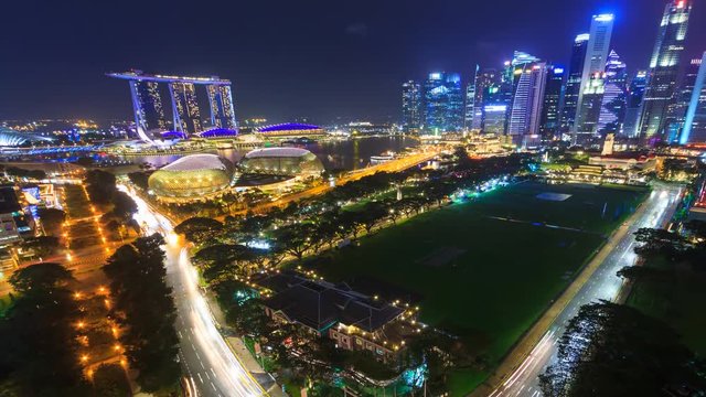 Beautiful Aerial Night Cityscape Of Singapore 4K Time Lapse (zoom out)