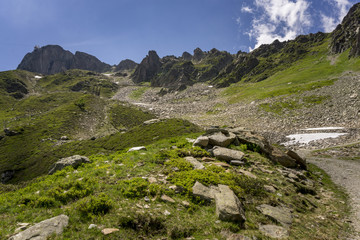 Summer view of mountain trail near the Le Brevent in the French Alps.