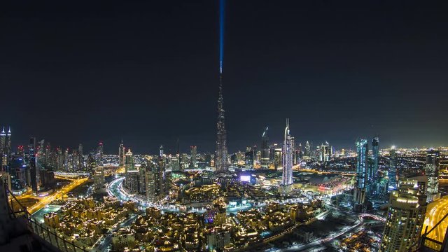 Dubai Downtown day to night timelapse view from the top in Dubai, United Arab Emirates