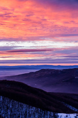 Mountain view with a pink-purple colored sunset sky, Kopitoto Hill, Vitosha Mountain, Sofia, Bulgaria
