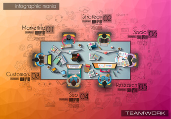 Infograph background template with a temworking brainstorming table with infographic design elements