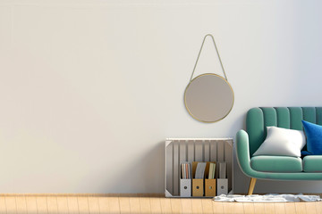 Modern interior with storage box and sofa. Wall mock up. 3d illustration.