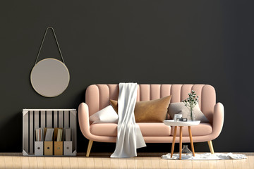 Modern interior with coffee table and sofa. Wall mock up. 3d illustration.