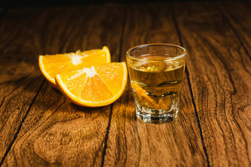 Mezcal mexican drink with orange slices and worm salt in oaxaca mexico