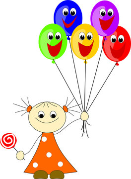 M&auml;dchen mit lustigen Luftballons und Lolly in der Hand