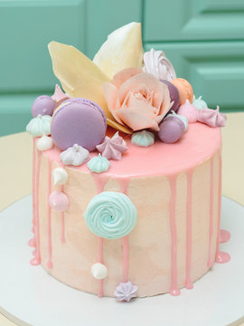 Modern French mousse cake with pink mirror glaze decorated with macarons, roses and merengues. Picture for a menu or a confectionery catalog.