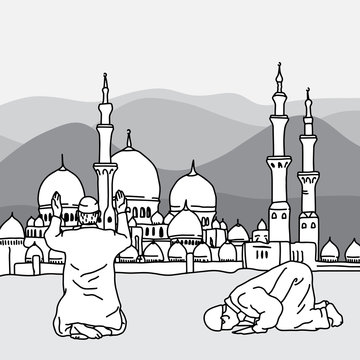 Muslim Doing Salah at the background of a mosque during Ramadan vector illustration sketch hand drawn with black lines, isolated on white background