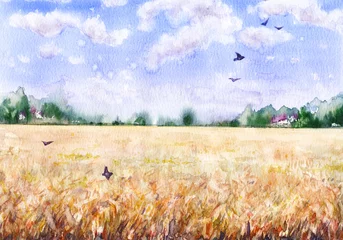 Fotobehang Blauwe hemel Watercolor Landscape with Wheat Field  © val_iva