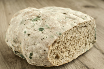 Moldy and musty round wheat bread on wooden background