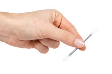 Cotton ear buds sticks in hand. Isolated on the white background