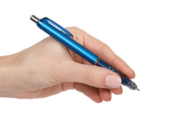 Blue mechanical school pencil in hand. Isolated on white background. Office stationery, work instrument, business tool