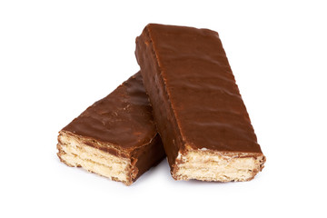 Delicious chocolate bar with wafer in hand. Isolated on white background. Milky waffle, crispy and sweet snack