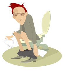 Upset man with diarrhea (food poisoning) sitting in the toilet illustration. Man getting off a pants sitting in the toilet and using a lot of tissue illustration
