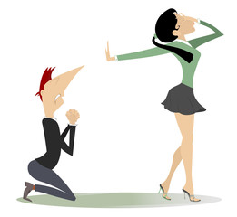 Quarrel between man and woman isolated on white illustration. Upset men staying on the kneel is rejected by his frustration woman who turns him down by hand and put another on the head 

