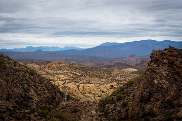 Valley view of Superstition Mountain Range in the Tonto National Forest.