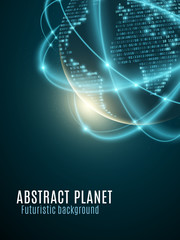 Futuristic planet earth. World map from binary code. Glowing, blurry neon lines. Abstract background. Computer programming code. Global network. Vector illustration