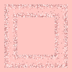 Pink gold glitter. Square chaotic frame with pink gold glitter on pink background. Fantastic Vector illustration.