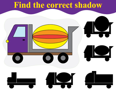 Find the shadow of cement mixer. Educational game for children.